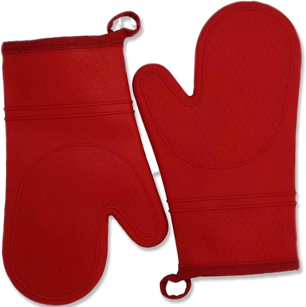 Heat Resistant Silicone Oven Mitts with Cotton Lining - Double Sided Red Pair