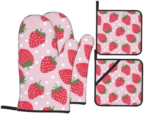 Strawberry-Printed Oven Mitts Pot Holders Set