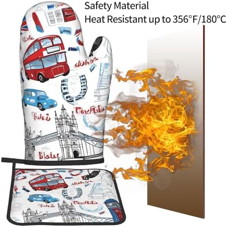 Quopvn London Printed Oven Mitts and Pot Holders 2pcs Set