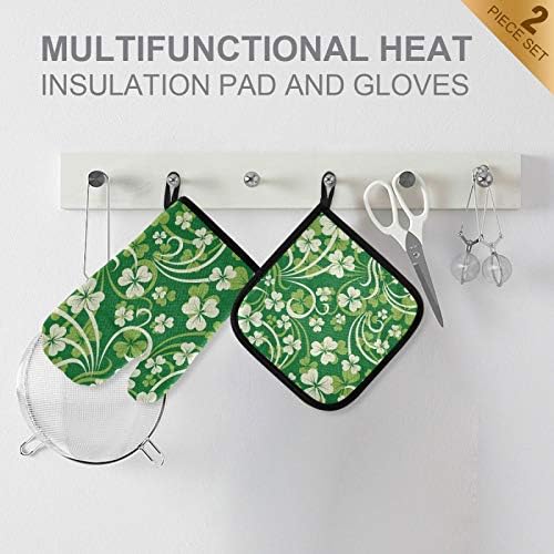 QUGRL Good Luck Clover Oven Mitts Pot Holders Sets Heat-Resistant Kitchen Gloves