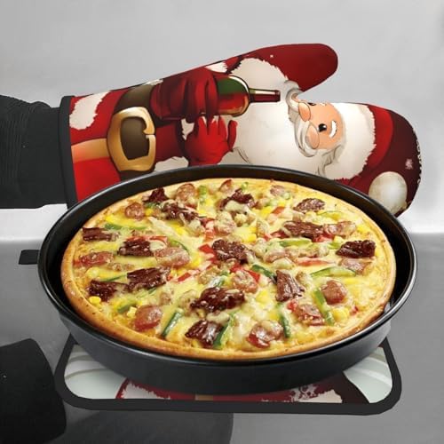 Merry Christmas Santa Claus Printed Oven Mitts and Pot Holders 2pcs Set