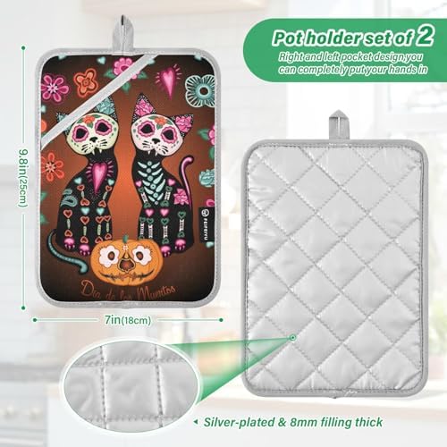 2-Piece Halloween Cats Pot Holder Set with Pockets for Oven Use