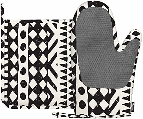 Thick Silicone Heat Resistant Oven Mitts Pot Holders Set with Tribal Design