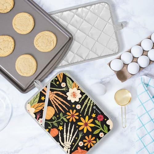 OurVii 2-Piece Halloween Seamless Pattern Bone and Floral Elements Potholders Set