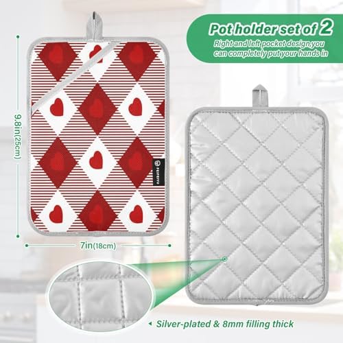 Heat-Resistant Heart Gingham Potholders Set Durable Oven Mitts for Baking