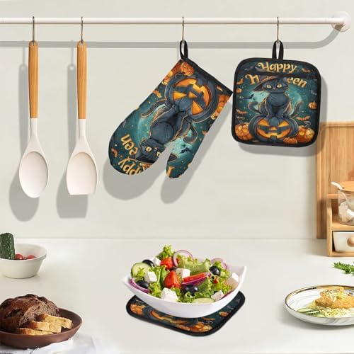 TropicalLife Halloween Black Cat Orange Pumpkin Oven Mitts Pot Holders Set