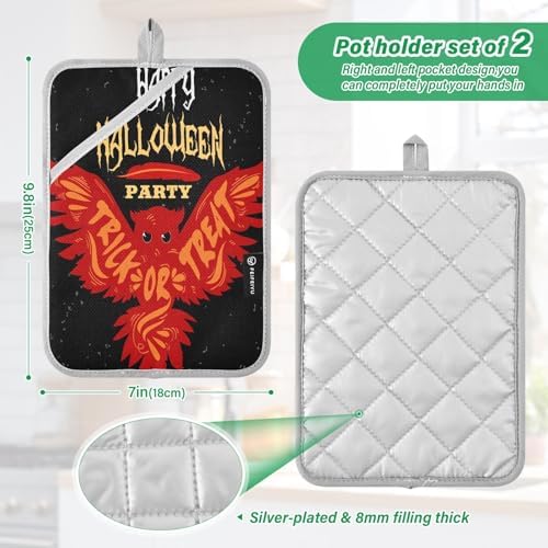 2Pcs Halloween Flying Owl Pot Holder Set Non-Slip Potholders with Pockets Mitts