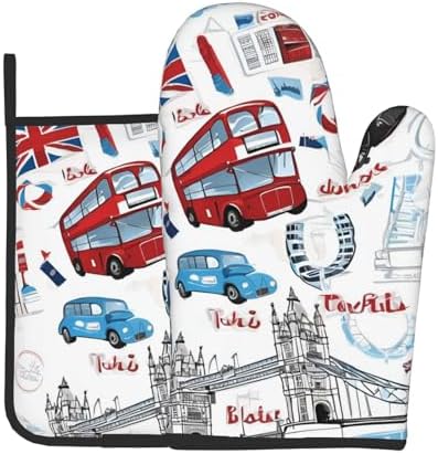 Quopvn London Printed Oven Mitts and Pot Holders 2pcs Set