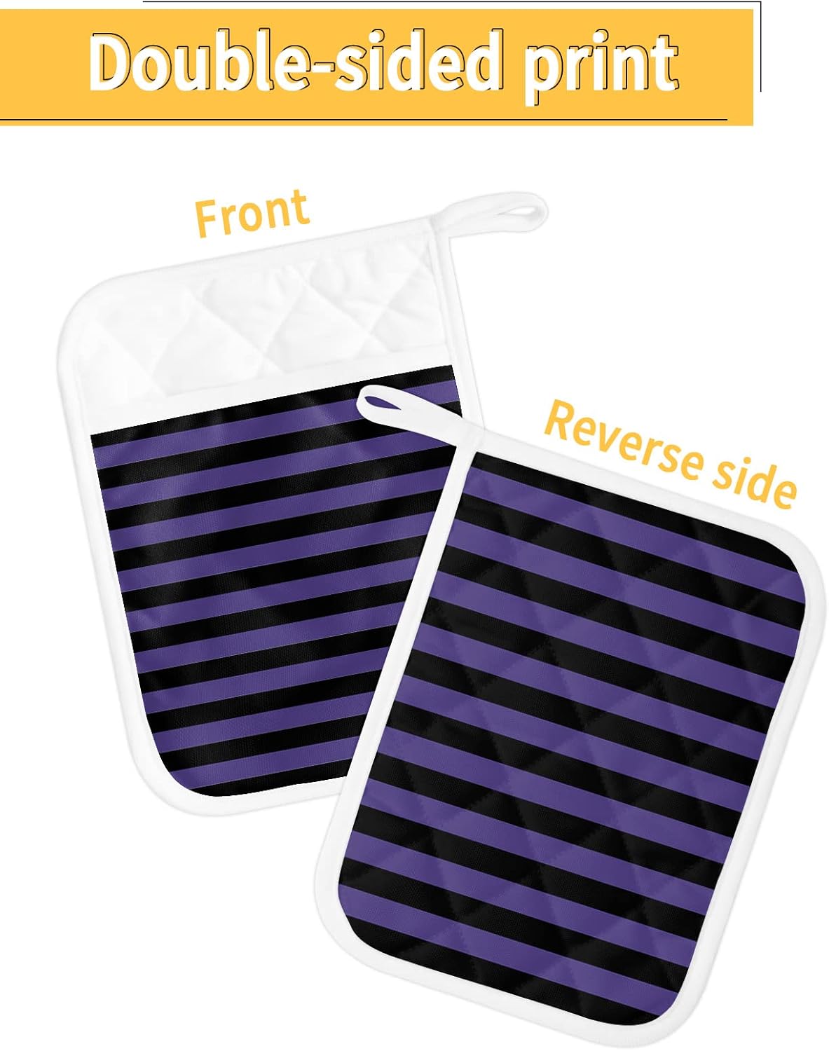 Halloween Striped Purple Potholders Set Oven Mitts for Kitchen Heat-Resistant Black