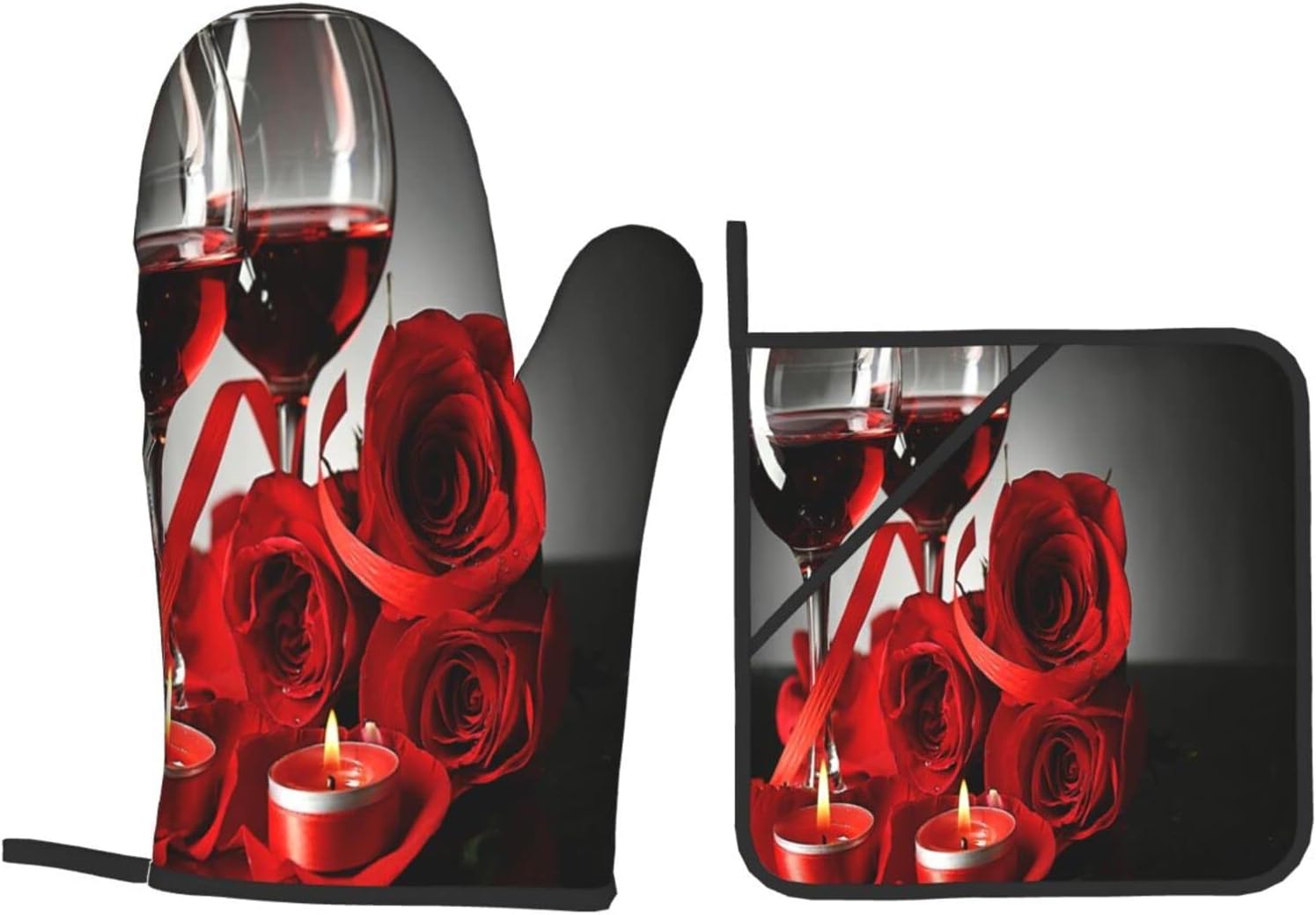 DONMYER Red Rose Oven Mitts and Pot Holders Set of 4