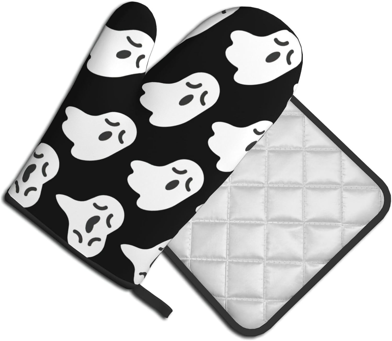 Cute White Ghost Oven Gloves for Cooking and Baking with Halloween Patterns