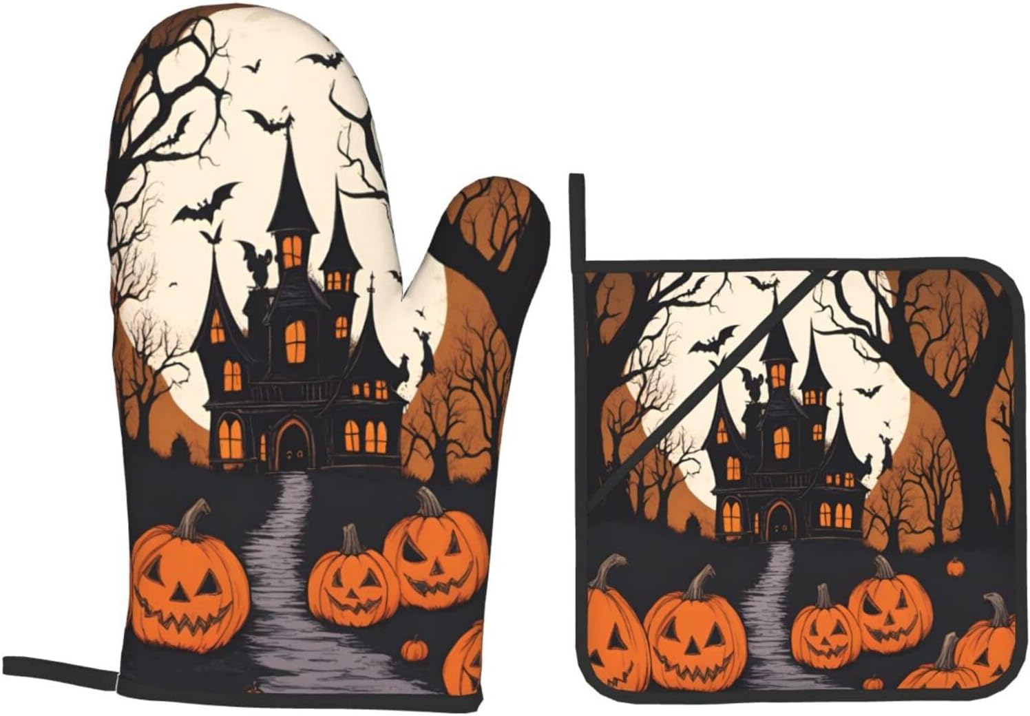 Gothic Halloween Oven Mitts Pot Holders Set 4 Piece Gift for Baking