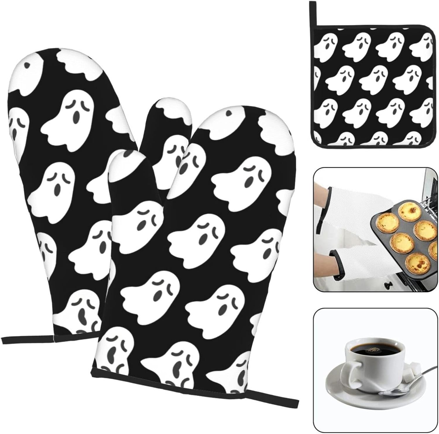 Halloween Ghost Pattern Heat-Resistant Oven Mitt Set for Cooking Baking
