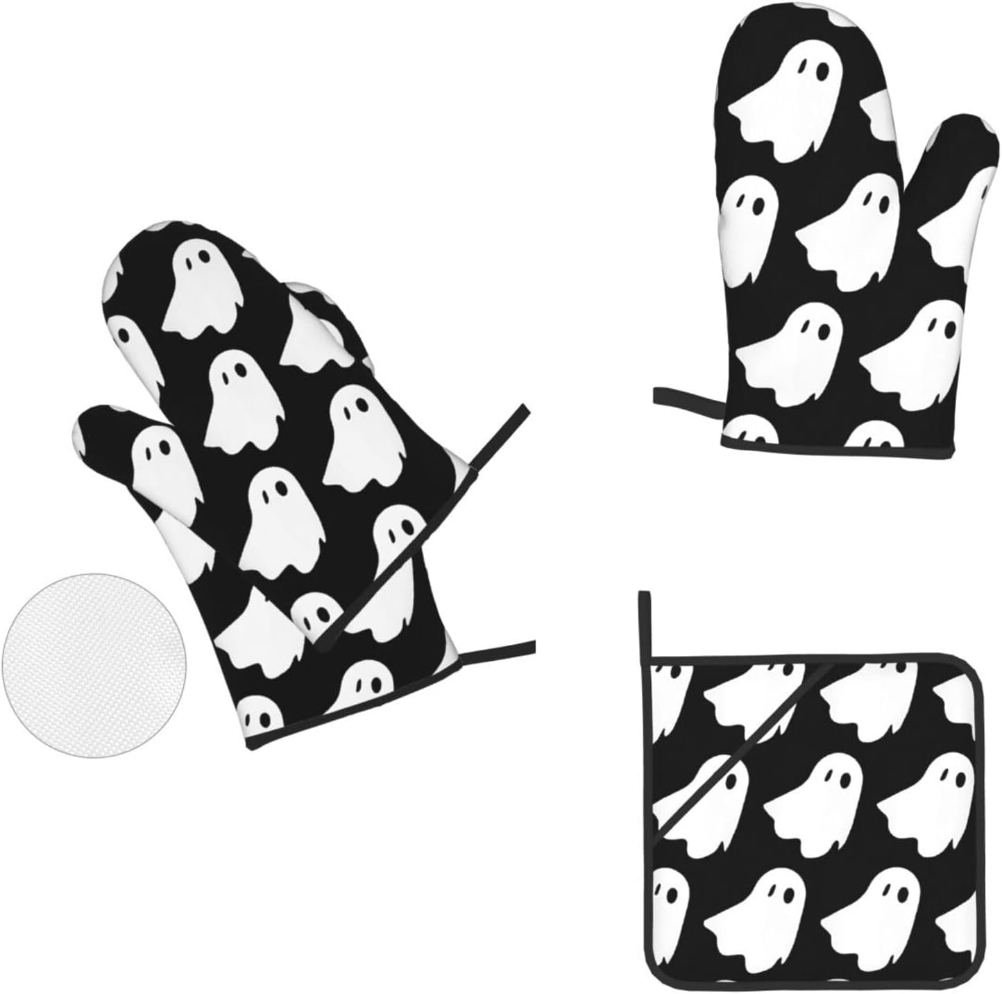 Cute White Halloween Pattern Oven Mitts and Pot Holders Set