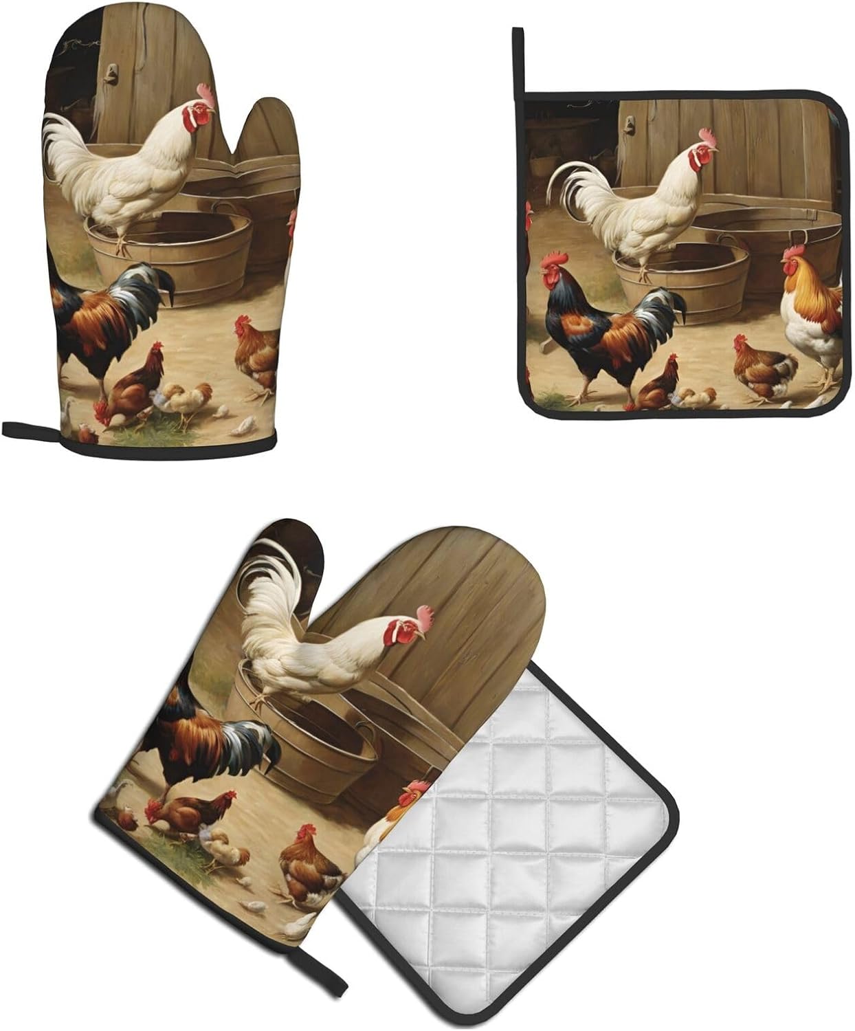 Roast Chicken Hen Farm Oven Mitts and Pot Holders 2pcs Set
