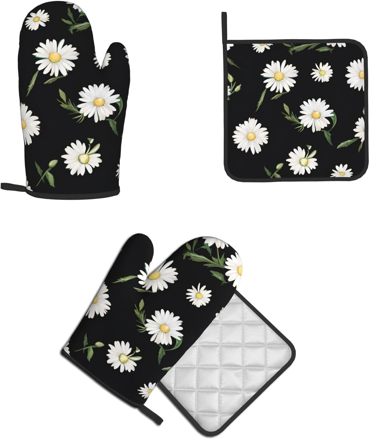 Durable Daisy Printed Oven Mitts Pot Holders Set Heat-Resistant Kitchen Gloves