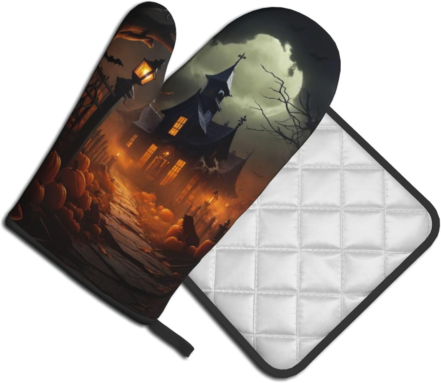 Scary Halloween Oven Mitts Pot Holders Set - Heat-Resistant Cooking Gloves Baking Pots