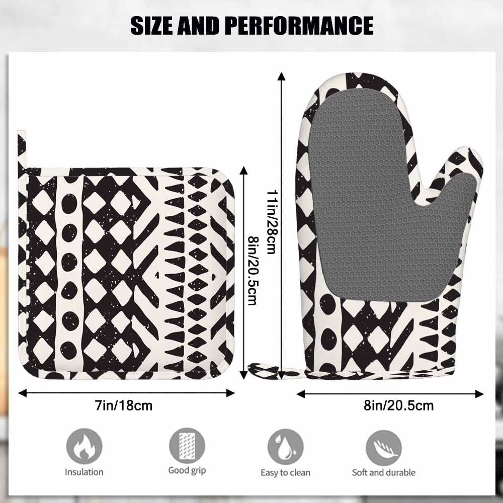 Thick Silicone Heat Resistant Oven Mitts Pot Holders Set with Tribal Design