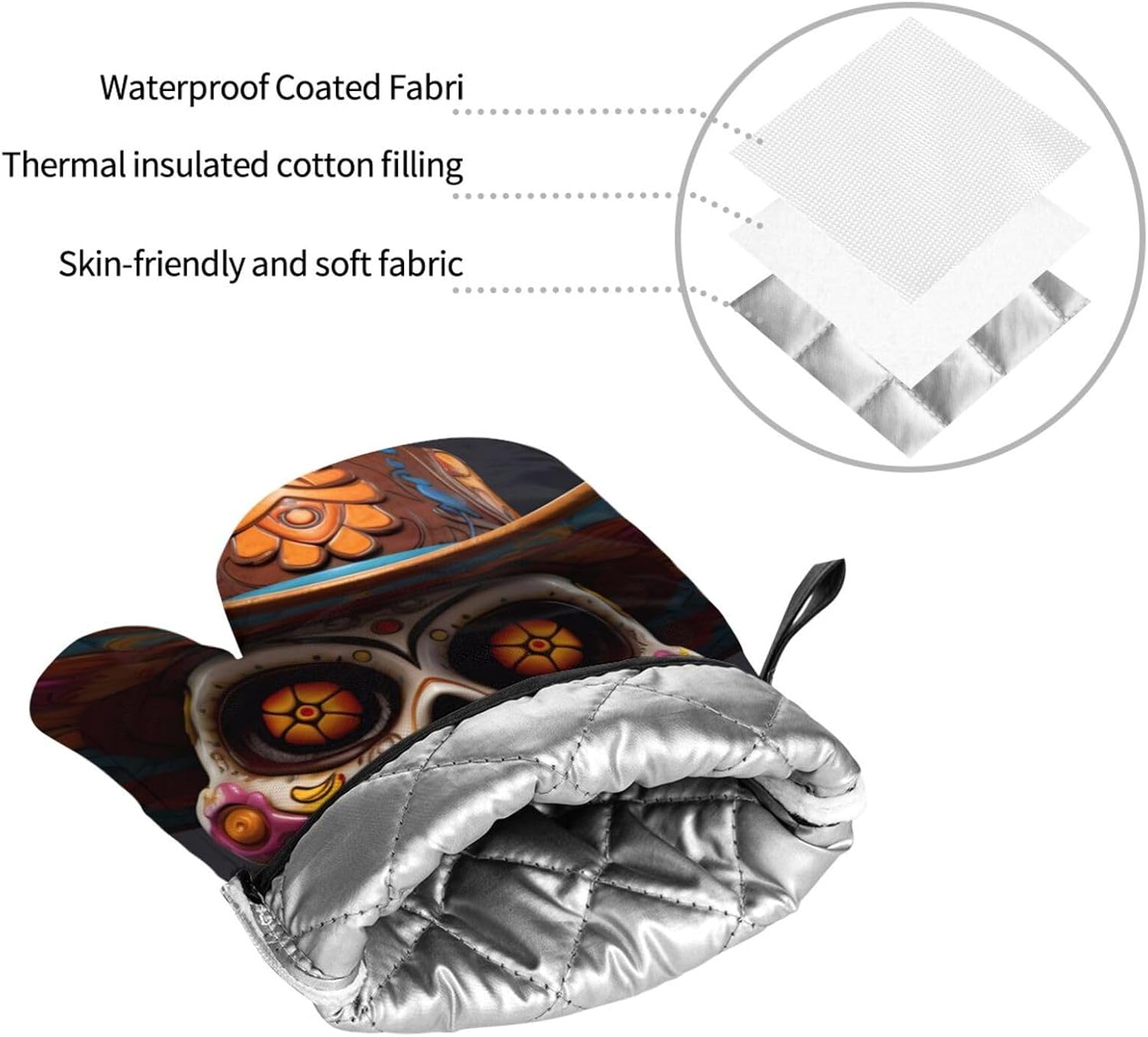 4-Piece Waterproof Oven Mitt Set Heat-Resistant Mexican Halloween Skull Prints