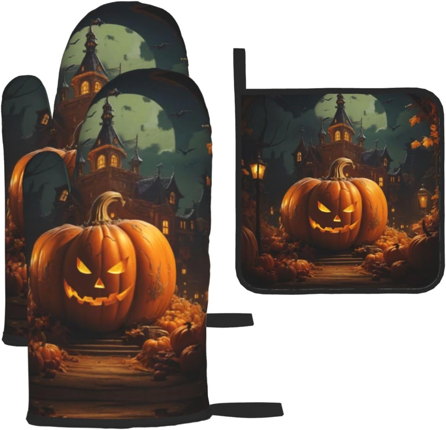 XTUAG pumpkin Halloween oven mitts and pot holders 3 piece set