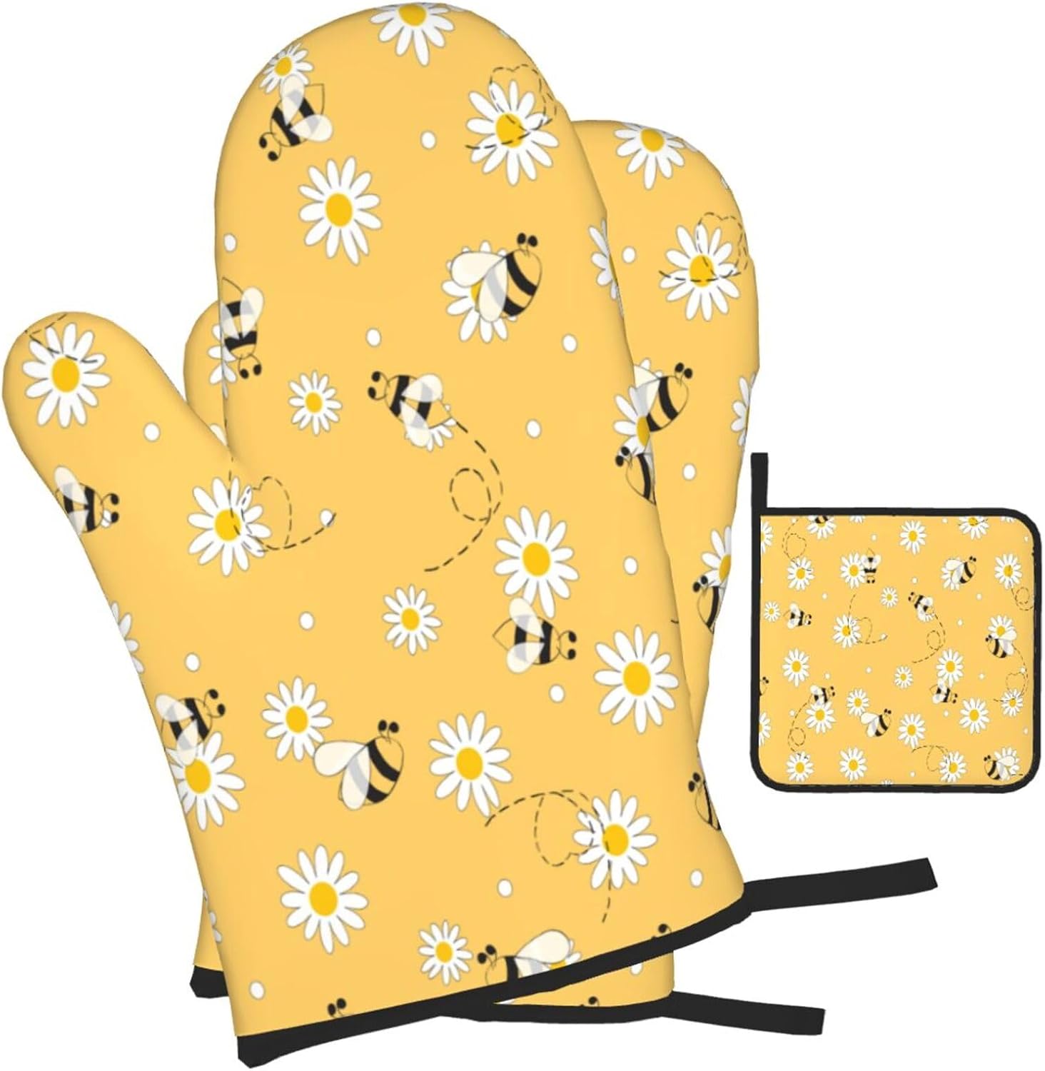 DXTKWL Oven Mitts Set of 3 Yellow Bee Daisy