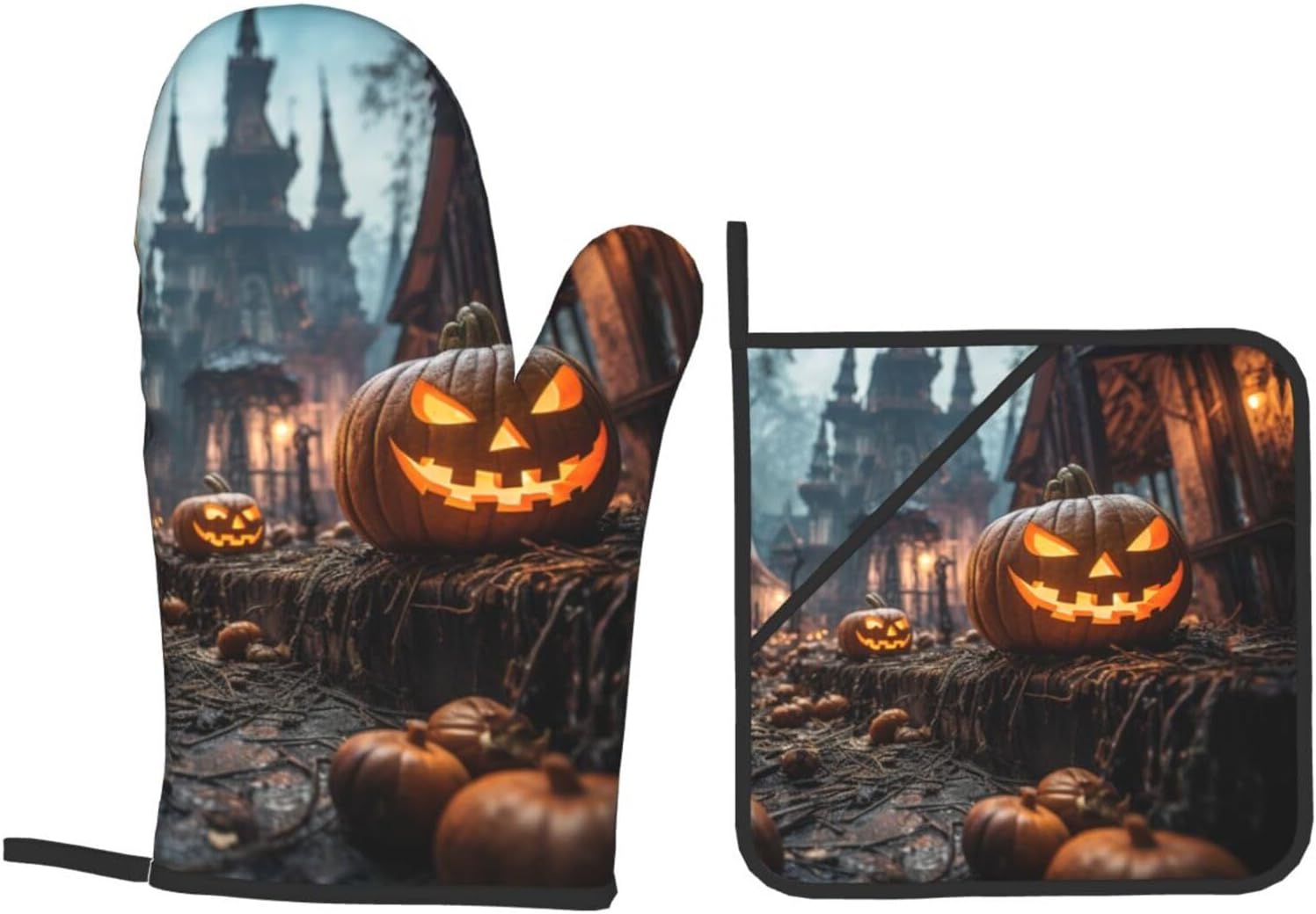 Halloween Pumpkins Print Oven Mitts and Pot Holders Set for Kitchen Use