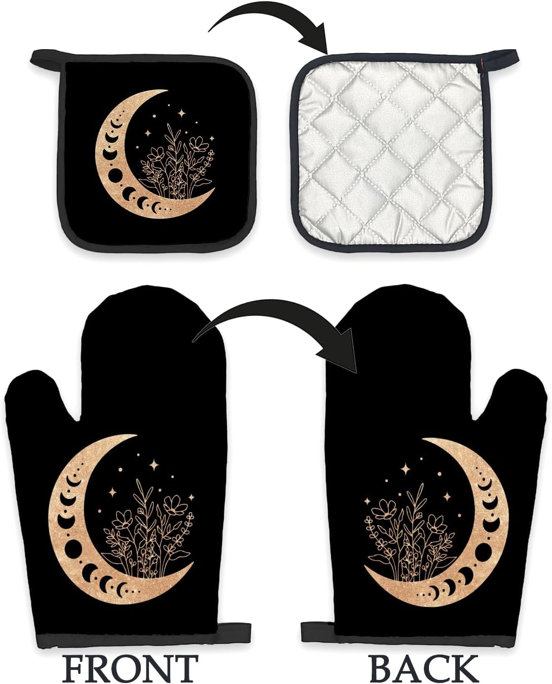 Black Gold Moon Oven Mitts Pot Holders Sets Heat-Resistant Kitchen Accessories