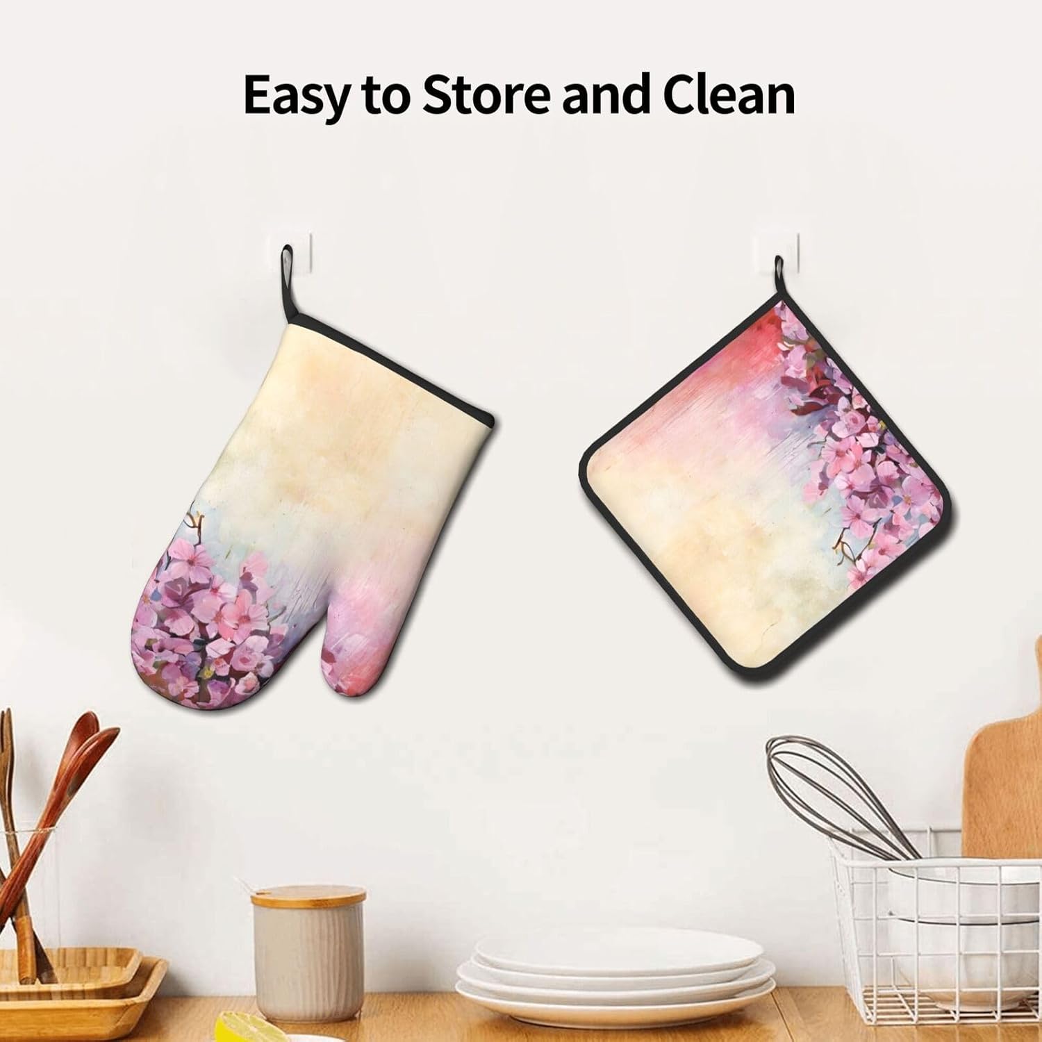 Elegant Oven Mitts Set Cherry-Printed Non-Slip Pots Pans