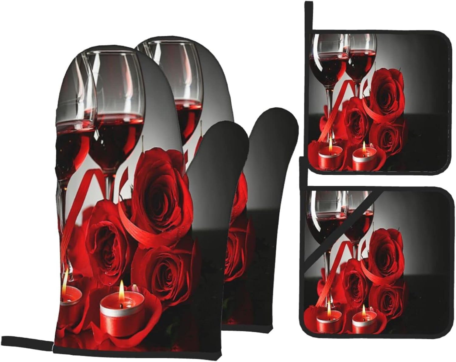 DONMYER Red Rose Oven Mitts and Pot Holders Set of 4
