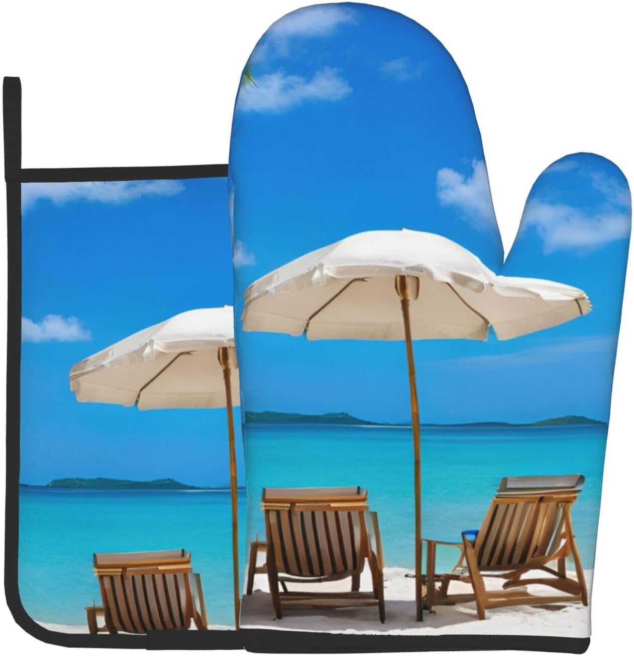White Beach tropical ocean printed oven mitts and pot holders 2pc set