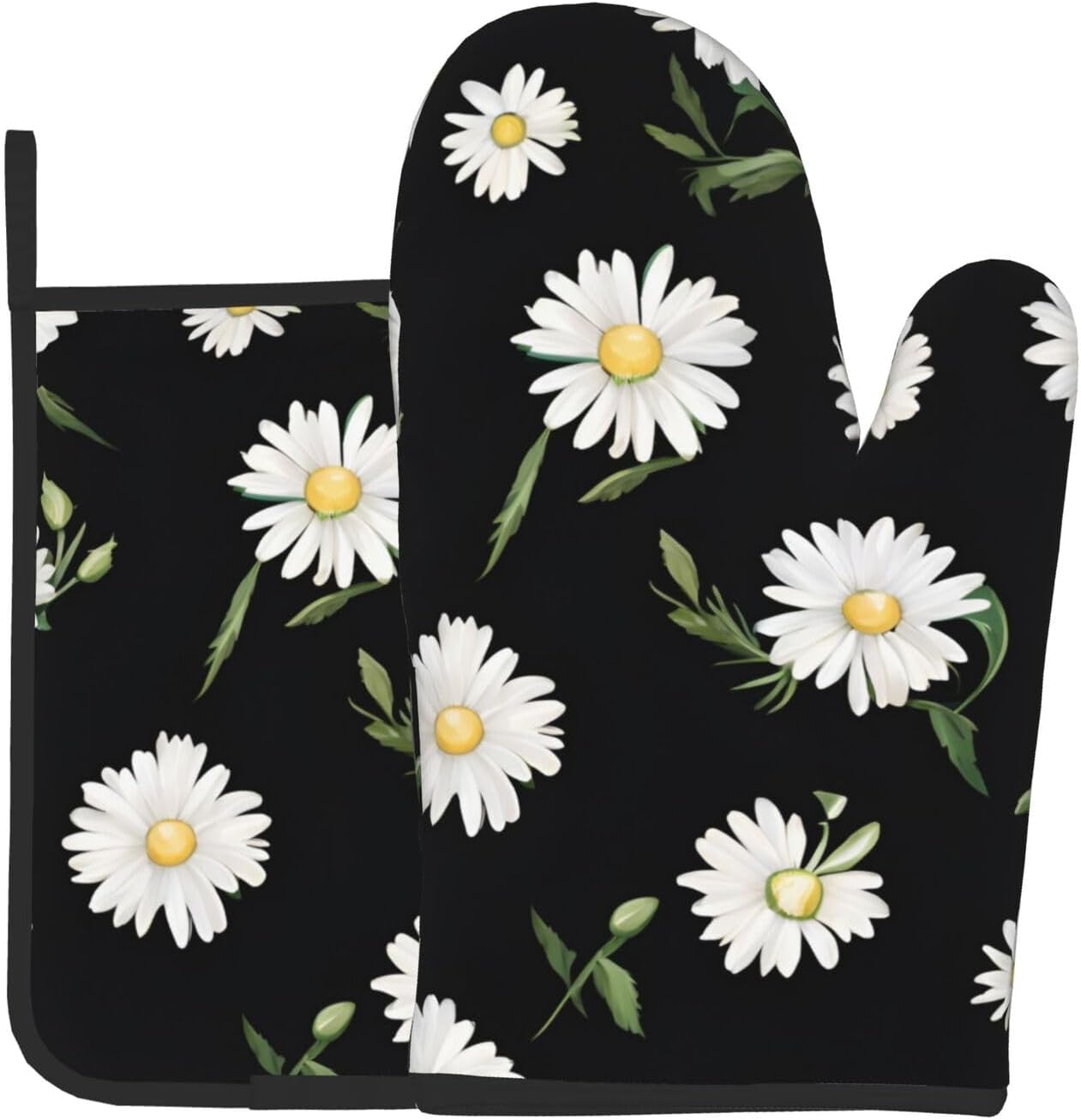 Durable Daisy Printed Oven Mitts Pot Holders Set Heat-Resistant Kitchen Gloves