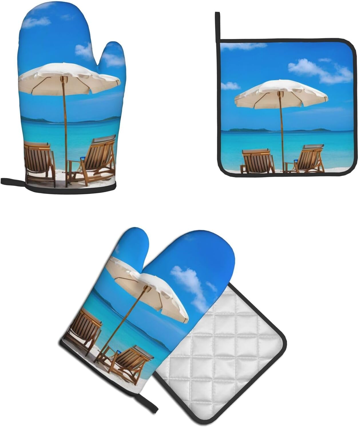 White Beach tropical ocean printed oven mitts and pot holders 2pc set
