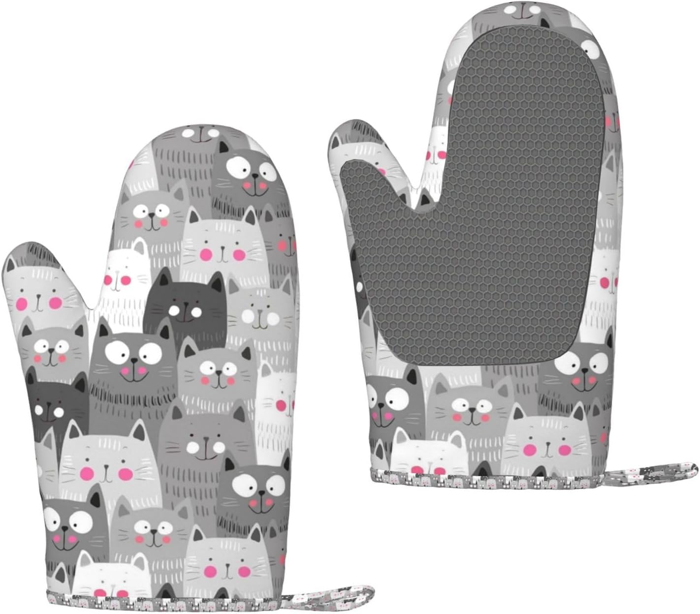 Ouqiuwa Hipster Cartoon Cute Cat Kitten Gray Oven Mitts Set of 2