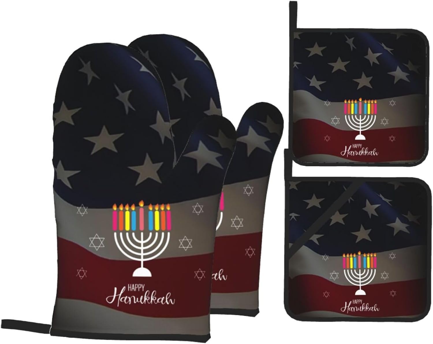Happy Hanukkah 2023 4 Piece Oven Mitts and Pot Holders Set
