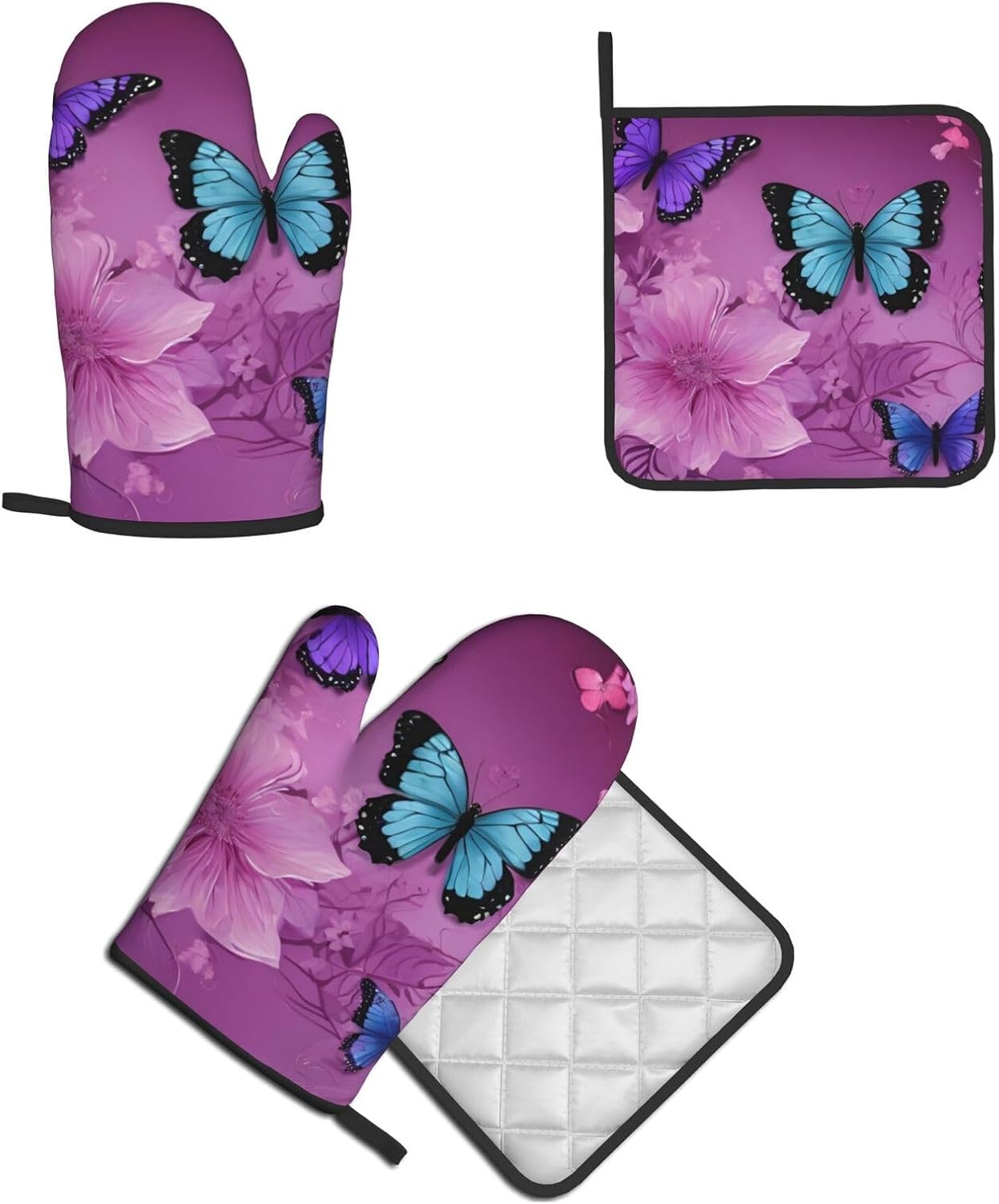 Quopvn Purple Butterflies Oven Mitts Pot Holders Non-Slip Kitchen Glove Set