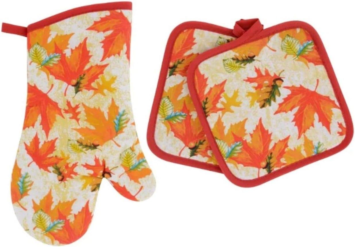 Combined Fall Kitchen Pot Holder Mitt Set - Maple Leaves - Perfect for Autumn