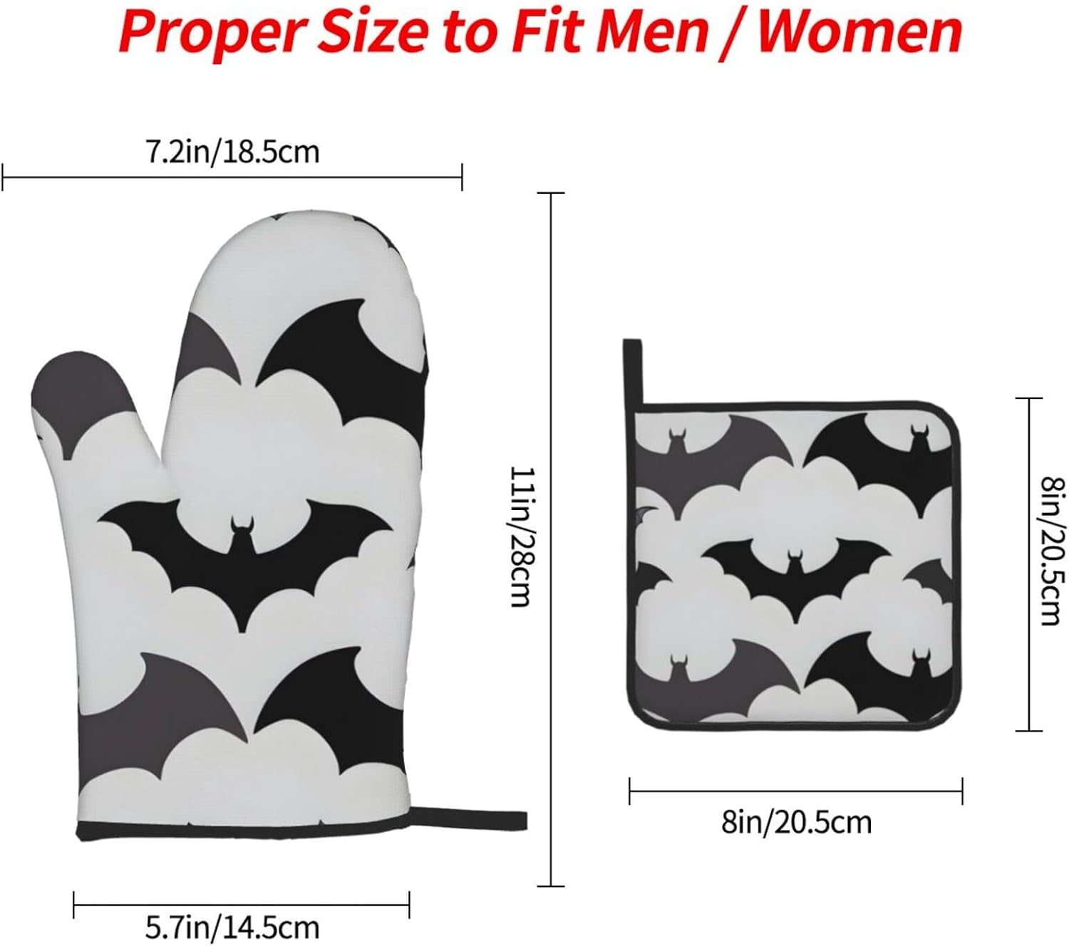 3-Piece Oven Mitts Set for Halloween Bats Grey Pattern