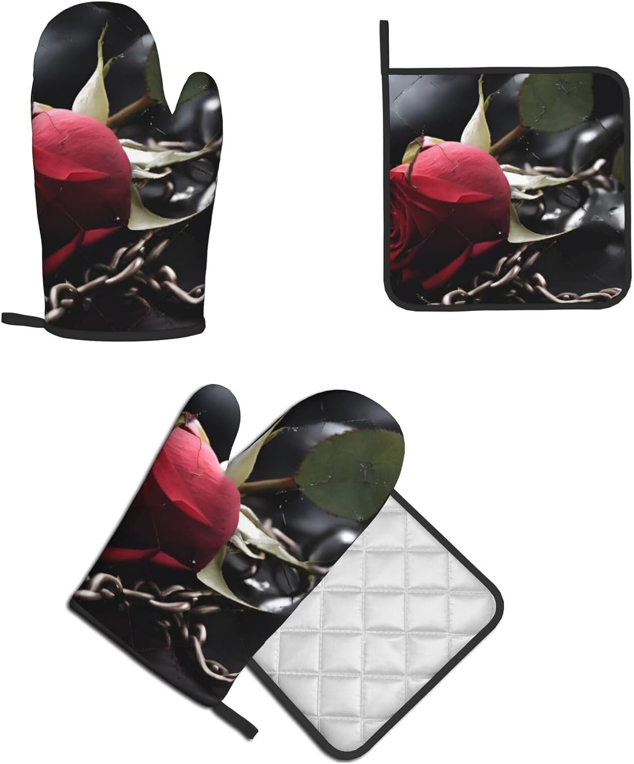 Cozy Black Rose Oven Mitts Set for Cooking
