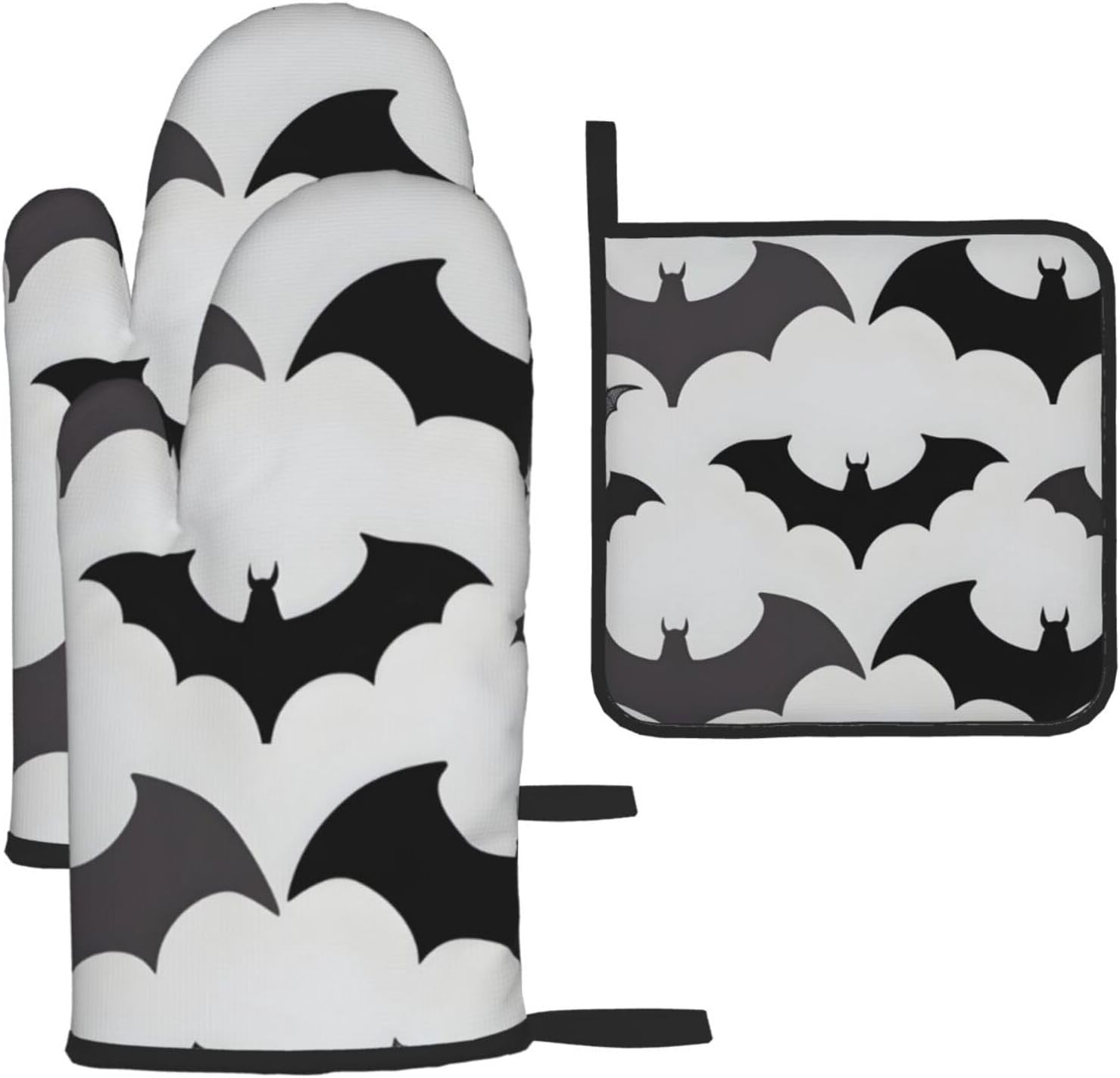 3-Piece Oven Mitts Set for Halloween Bats Grey Pattern