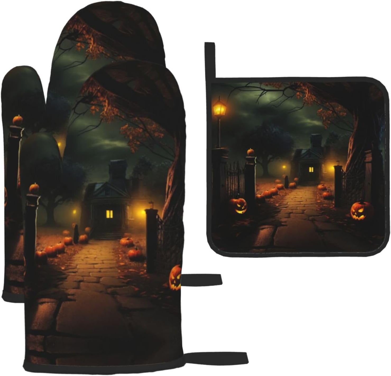 Adjustable Halloween Oven Mitts Pot Holders 3-Piece Heat-Resistant Set
