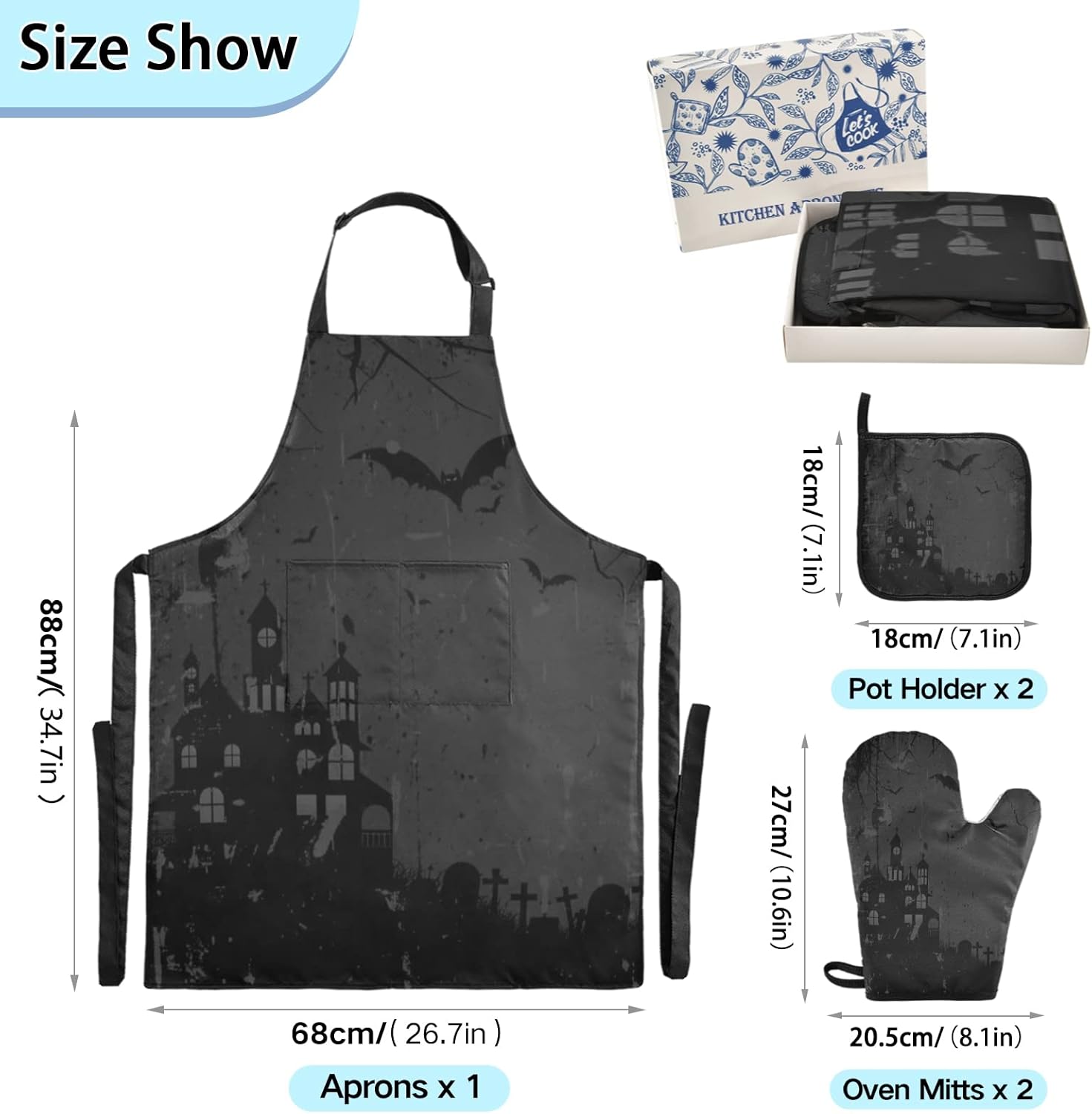 Creative Halloween Bats Castle Retro Cooking Apron Set 5 Pcs