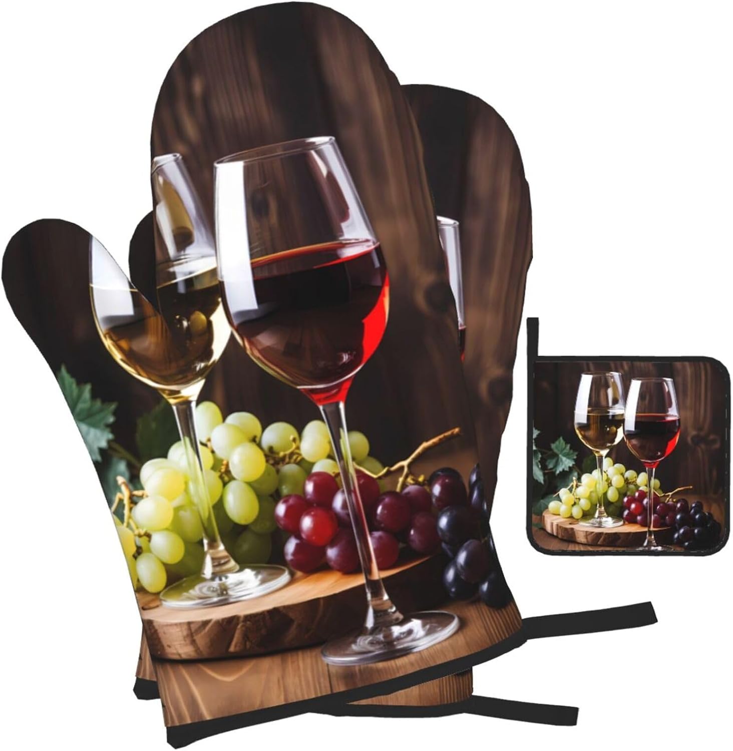 Set of 3 Red Wine Glass Oven Mitts and Pot Holders