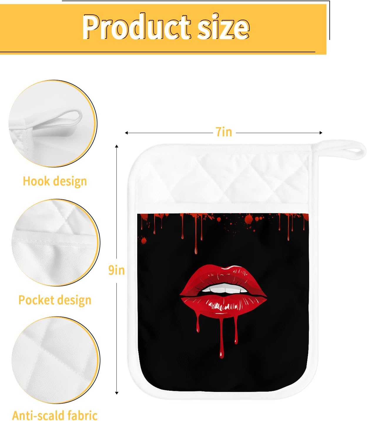 Halloween Lips Blood Pot Holders with Pocket Set of 5