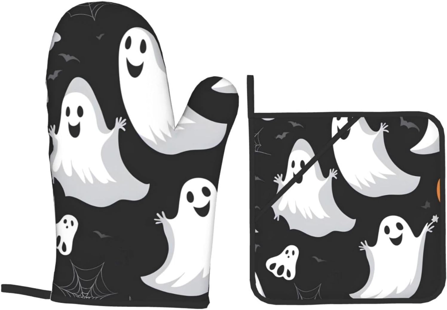 Oven Mitts Set of 4 with Heat-Resistant Black and Halloween Ghost Prints