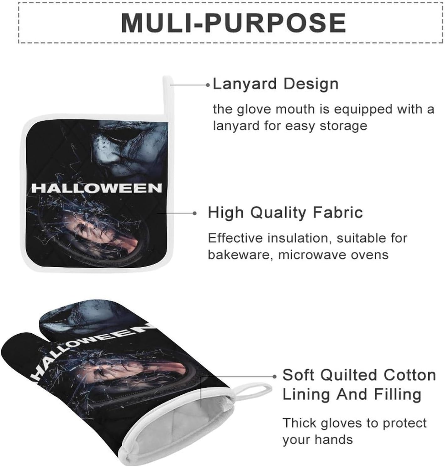 Oven Mitts Pot Holders Set Halloween Michael Myers Gloves for Cooking Baking