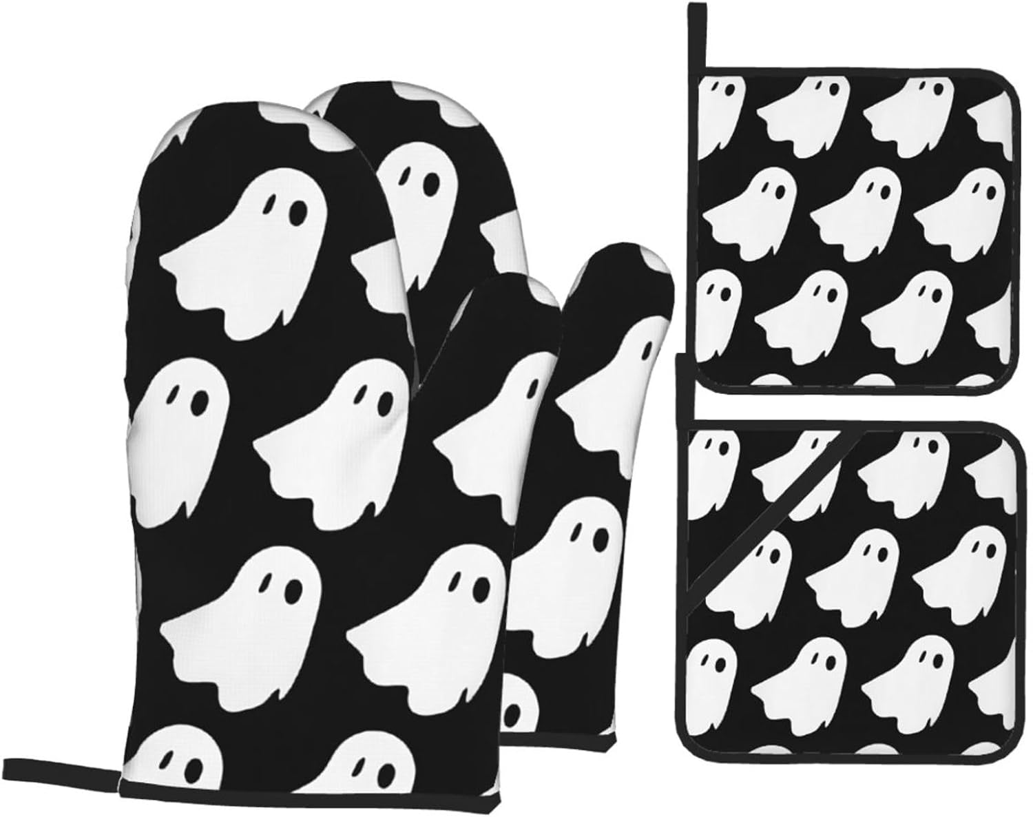Cute White Halloween Pattern Oven Mitts and Pot Holders Set