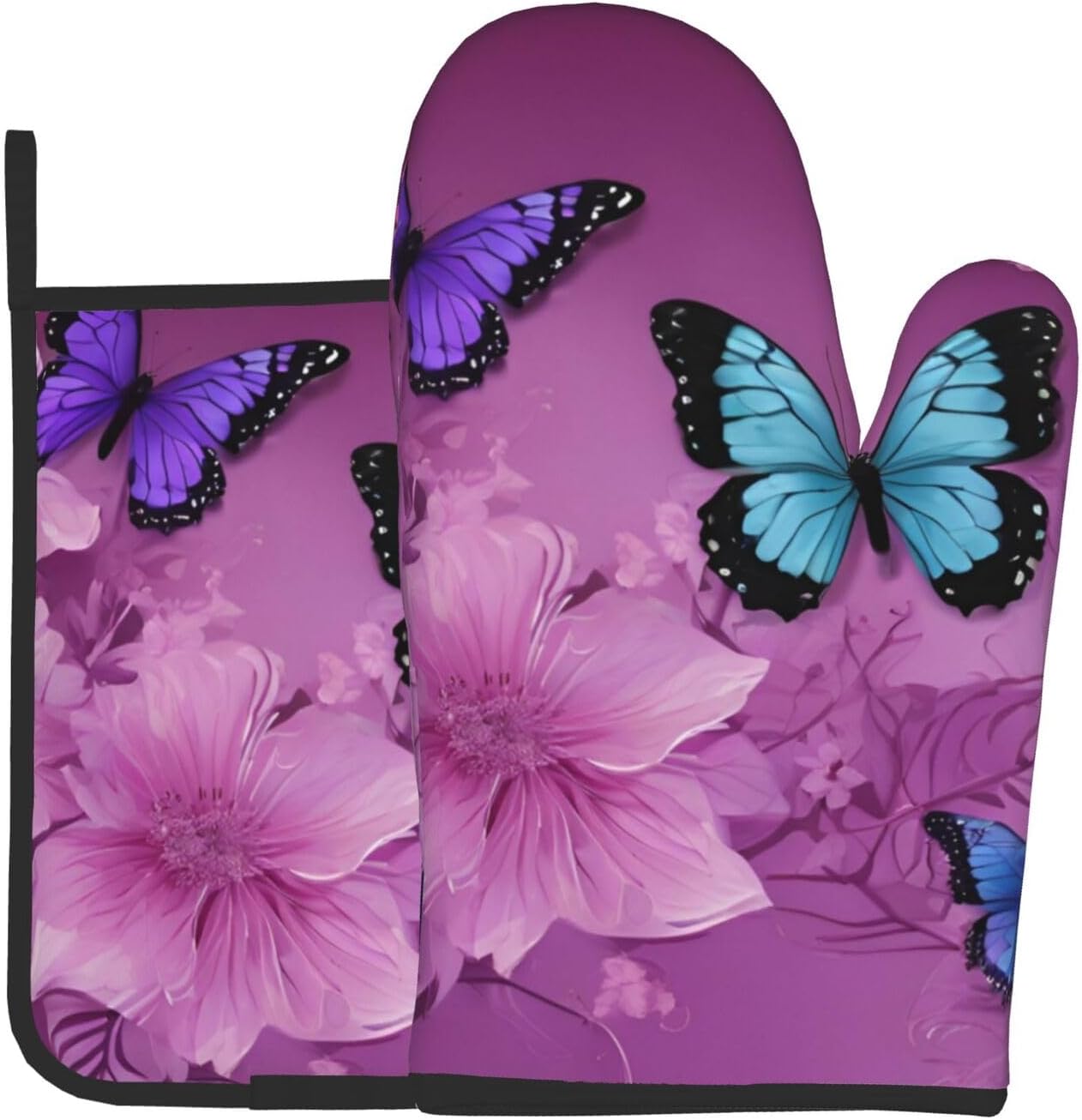 Quopvn Purple Butterflies Oven Mitts Pot Holders Non-Slip Kitchen Glove Set