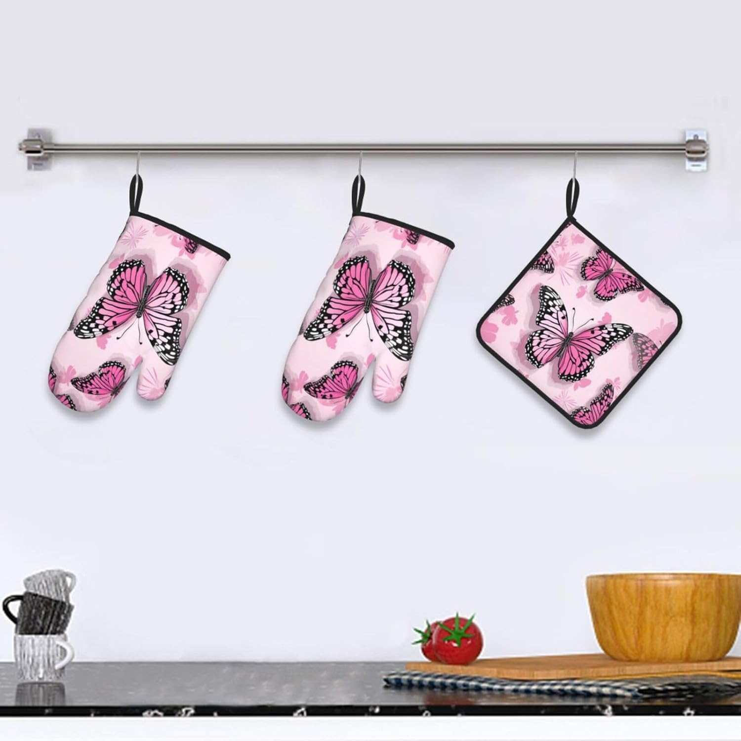 Edafol 3-Piece Oven Mitts and Potholders Set Heat-Resistant Pink Butterfly Design