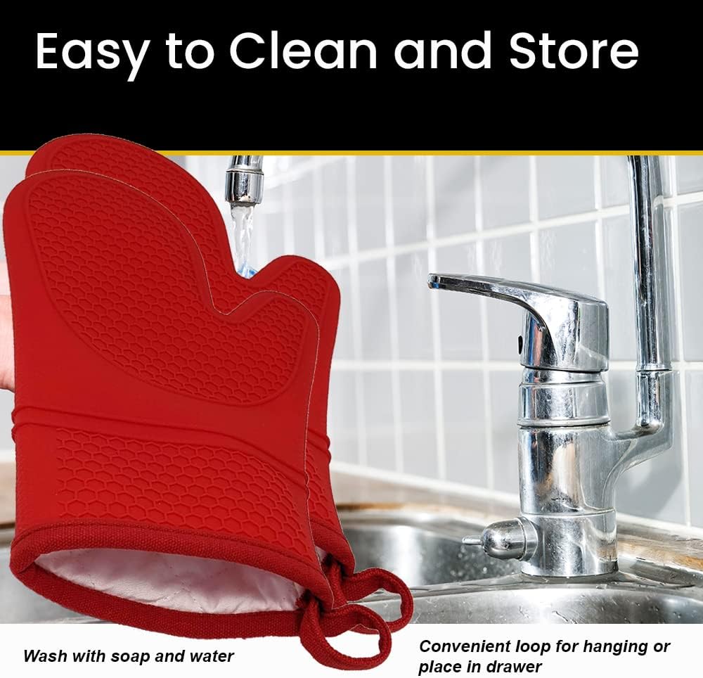 Heat Resistant Silicone Oven Mitts with Cotton Lining - Double Sided Red Pair