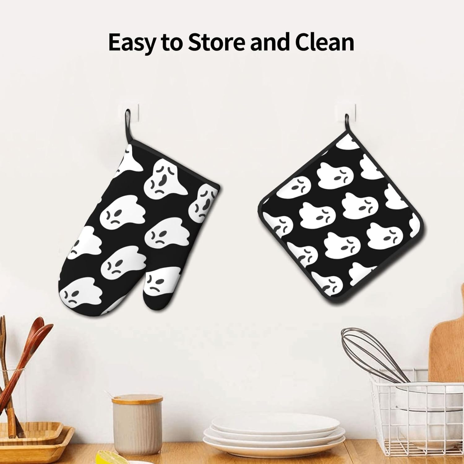Cute White Ghost Oven Gloves for Cooking and Baking with Halloween Patterns